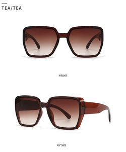 Front and side views of oversized tea-colored gradient square fashion sunglasses