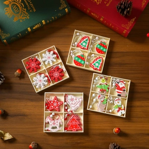 Close-up of assorted wooden Christmas tree ornaments with classic festive patterns