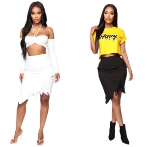 Damen Jeansrock Hohe Taille Distressed Zerrissen Unregelmäßig Fransen Saum Slim Fit Lässig Streetwear Bodycon Rock