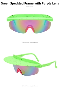Detail view of neon green spotted sports sunglasses with iridescent purple lens