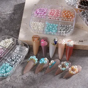 Mixed color pearl nail art charms set in storage box with DIY manicure design samples