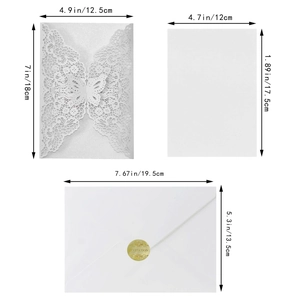 Detailed dimensions of laser-cut butterfly invitation set with inner card and envelope