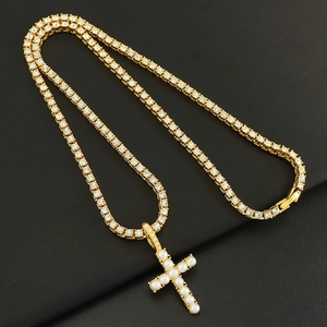 Cross Pendant Necklace Alloy Rhinestone Tennis Chain With Artificial Pearls Hip Hop Iced Out Jewelry For Men Women