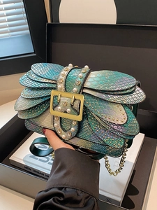 Green gradient snakeskin chain bag with pearl embellishments and golden hardware