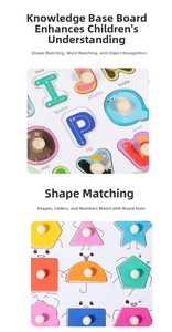 Close-up of wooden puzzle board with alphabet letters and geometric shape pieces