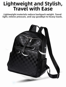 Close-up of black leather backpack with luxury checkered embossed pattern texture