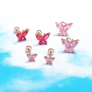Pink butterfly stud earrings set in rose gold with marquise crystals and screw-back closure