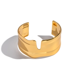 Minimalist wide geometric open bangle with 18K gold plating and wavy edges
