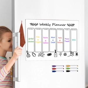 Magnetic weekly planner on fridge with colorful markers and handwritten meal schedules