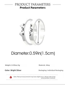 Detail view of cat ear open rings in bright silver alloy with adjustable band size