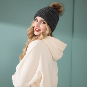 Winter rib-knit beanie for adults with large faux fur pompom in dark grey and brown