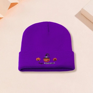 Purple Halloween knit beanie featuring pumpkin embroidery and Happy Halloween text