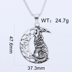 Detailed view of punk wolf head pendant with moon and star, sizing 47.6mm x 37.3mm