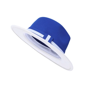 Two-tone felt boater hat in royal blue and white with grosgrain ribbon and bow decoration