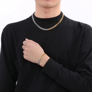 Men's two-tone gold and silver Cuban chain necklace and bracelet set with OT clasp