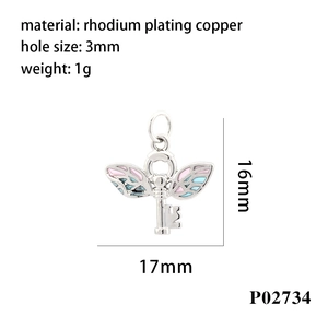 Silver winged key pendant in rhodium plating copper with pink and blue details
