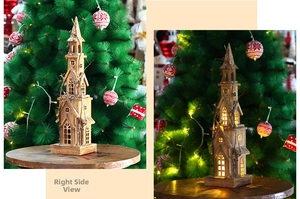 Right view of a carbonized wooden Christmas church house with warm glowing LED lights