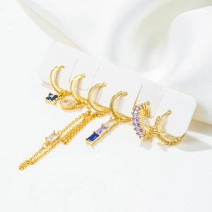 Luxury 6-piece S925 silver needle gold hoop earrings set with colorful zircon and tassels