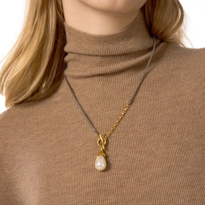 Asymmetric gold and silver chain necklace with drop pearl pendant and toggle clasp