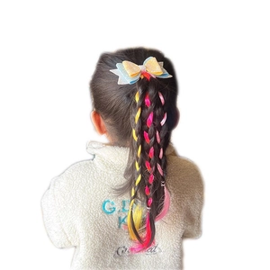 Sparkly princess bow hair clip with colorful gradient synthetic hair braids for girls