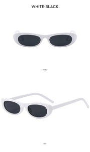 Front and side views of vintage small oval white sunglasses with black lenses