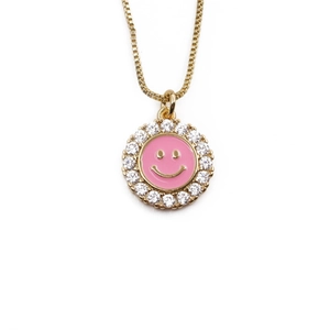 Golden necklace with pink enamel smiley face pendant and sparkling zircon crystals