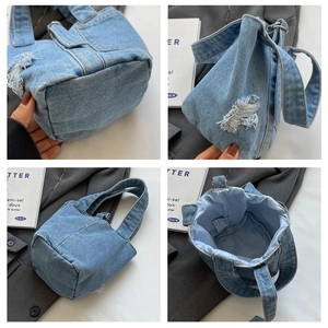 Detail shots of denim bucket bag with distressed holes and woven cotton lining