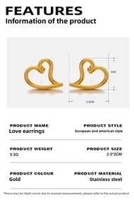 Detailed size specifications for gold hollow heart-shaped stainless steel stud earrings