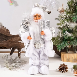 Close-up of 12-inch silver Santa Claus doll featuring detailed fabrics and sequins