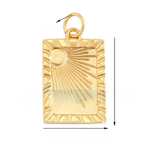 Detailed view of 17x12mm golden sunburst rectangle charm for necklaces and jewelry