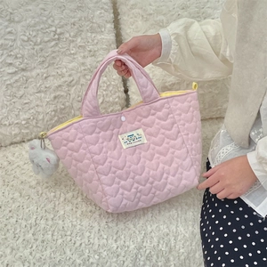Pink heart quilted tote bag with cute plush cat charm and contrast yellow lining