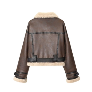 Vintage brown leather jacket with white faux fur collar and moto style details