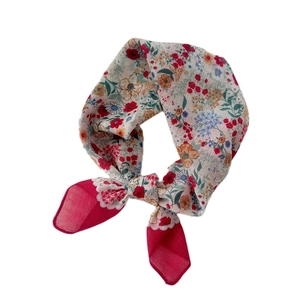 Floral cotton linen square scarf with vintage pattern and deep rose red accents