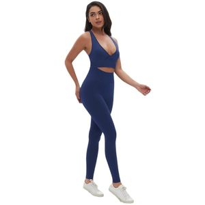 Nahtloses dunkelblaues Yoga-Set mit V-Ausschnitt Sport-BH und High Waist Leggings