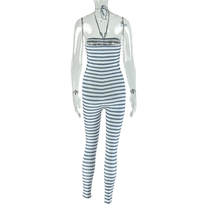 Detailed back view of a blue and white striped halter jumpsuit on a ghost mannequin