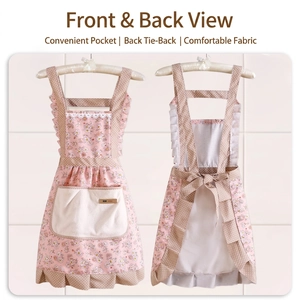 Floral cotton kitchen apron with waterproof fabric and ruffles in pastoral style