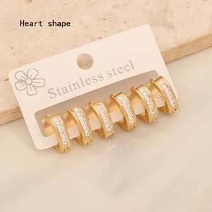 Set of 6 gold stainless steel hoop earrings with white rhinestones for women
