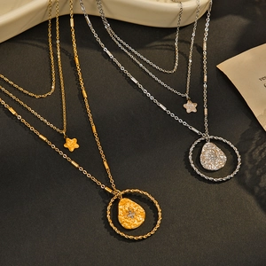 Fashion 14K Gold Plated Triple Layer Stainless Steel Necklace For Women Hammered Round Teardrop Star Pendant Jewelry Gift