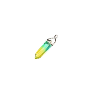Hexagonal crystal pillar pendant with yellow-green gradient and metal loop on white background
