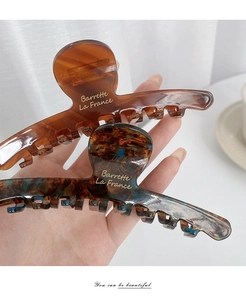 Dettaglio di mollette in acetato ambra e tartaruga con scritte dorate Barrette La France