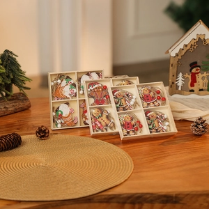 Close-up of 12pcs wooden Christmas ornaments set featuring gingerbread man in a gift box