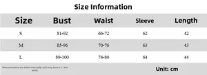 Detailed size guide table for long sleeve cropped cardigan showing bust and waist measurements
