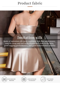 Detail of champagne imitation silk nightgown showing satin fabric texture and back drape