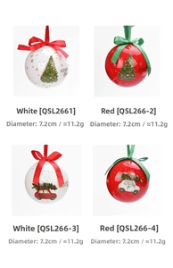 Close-up of red and white Christmas foam balls with festive car and tree prints