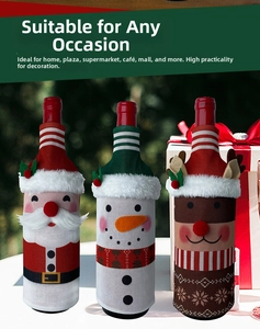 Three-pack knitted Christmas wine bottle covers featuring Santa, snowman, and reindeer designs