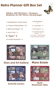 Detailed overview of vintage scrapbook kit including notebook stickers and tapes