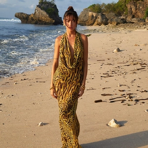 Leopard Print Maxi Dress Halter Backless Deep V Neck Polyester Spandex Sleeveless Beach Vacation Sexy For Women