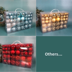 Three assorted Christmas ball sets in blue, gold and red with matte and glitter finishes
