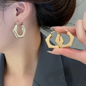 Minimalist polished geometric hexagon hoop earrings in gold and silver finish