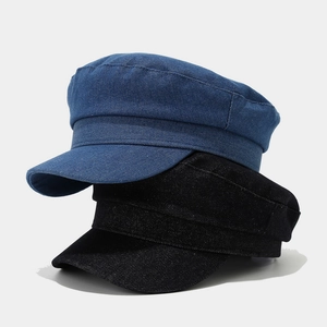 Retro denim flat top newsboy caps in navy blue and black colors for casual styling